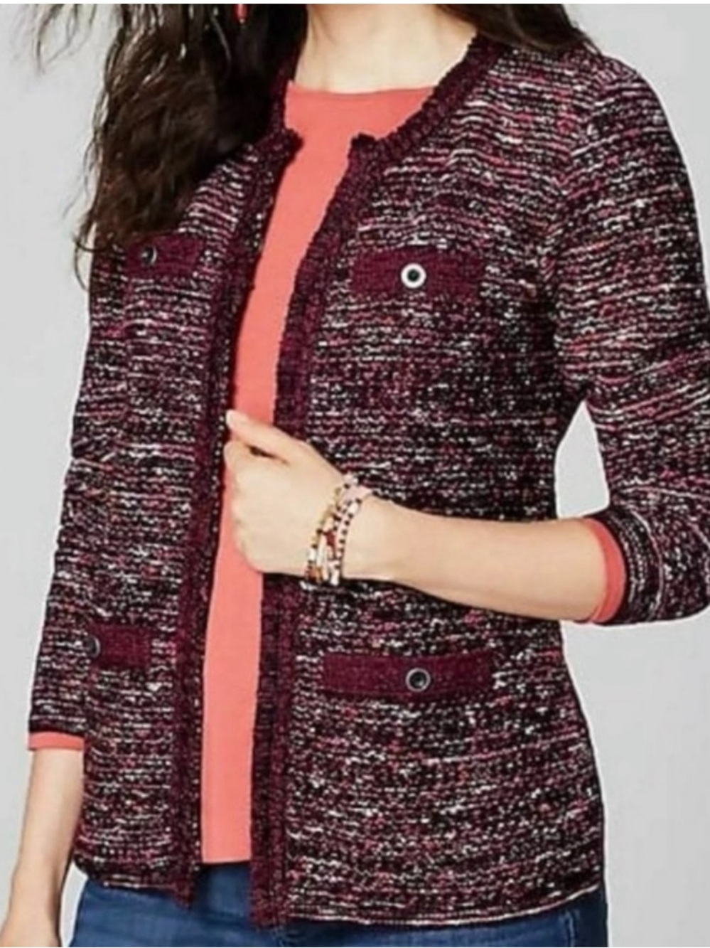 J. Jill cranberry fringe tweed blazer jacket size M